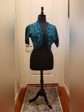 INC Sequined Teal and Black Leopard Print Cropped Shrug Retro Bolero